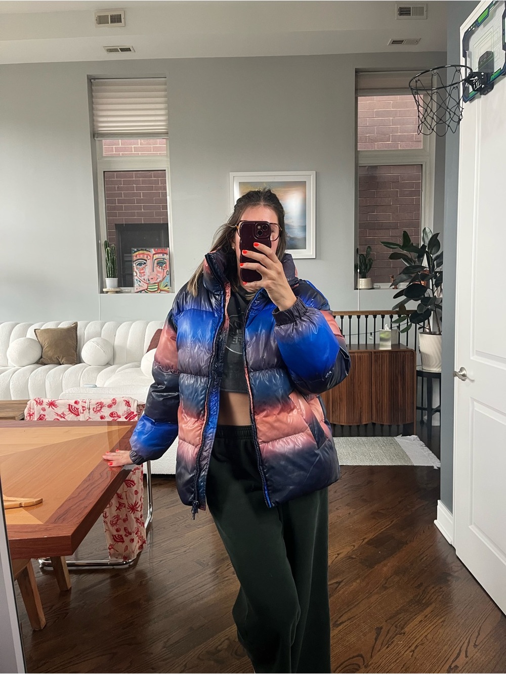 Monki Ombre Puffer Jacket in Blue and Pink